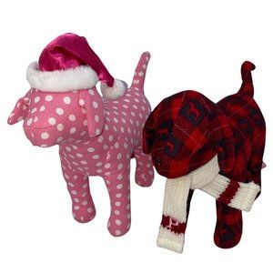 Victoria's Secret Christmas PINK Plush Dogs Red Plaid & Polka Dot